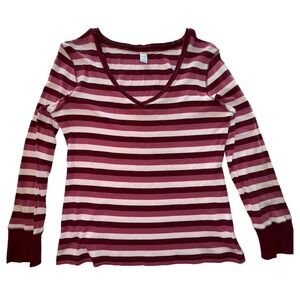 LFL 1982 Womens Pink Burgundy Striped V-Neck Long Sleeve Cotton Top Size L